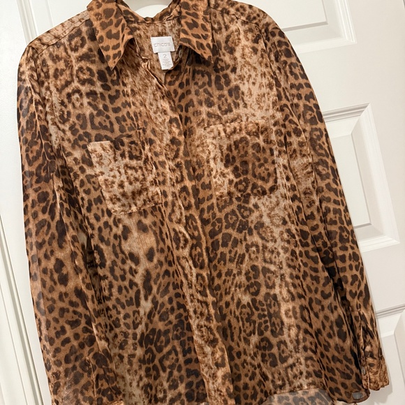 Chico's Shear Animal Print Button Down Sz 12, L/S NWOT - Picture 1 of 4